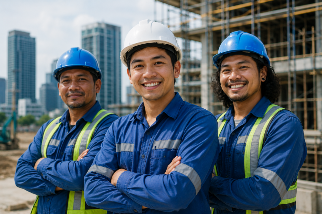 Filipino construction workers at a building site demonstrating the skills and professionalism valued by employers worldwide
